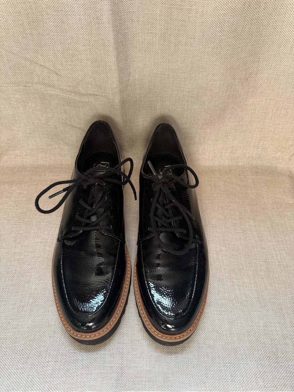 Franco Sarto Black Patent Leather Derby with Tan Welt